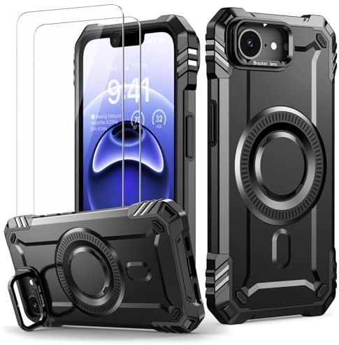 Lanhiem Coque pour iPhone 17e/16e, pour MagSafe, Magnétique Antichoc, Noir | avec 2 Verre Trempé, Support Anneau pour Caméra Renforcée Housse, Étui de Protection pour iPhone 17e/16e Case