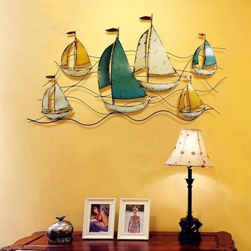 JOUFNING 3D-Wandkunst Aus Metall Mit Segelboot, Handgefertigte Wandskulpturen Aus Metallschiffen Mit Antiker Oberfläche, Nautische Dekorationsornamente Für Die Home Cafe Bar