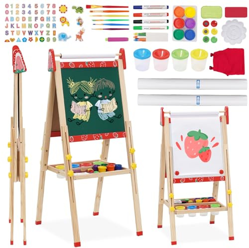 Kinder-Staffelei aus Holz, doppelseitig, Kunststaffelei, Whiteboard, Kreidetafel, höhenverstellbar, 95–125 cm, stehend, faltbar, mit 100 Zubehörteilen, Buchstaben, Zahlen für 3, 4, 5, 6, 7, 8+