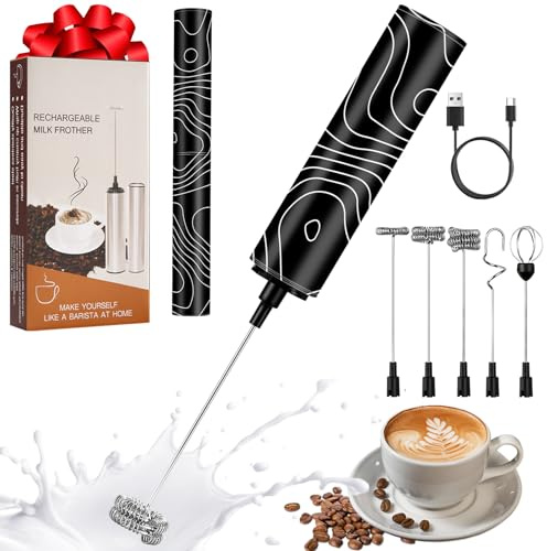 Milchschäumer Elektrisch USB-C mit 5 Wechselbaren Edelstahl-Schneebesen–2 Einstellbare Geschwindigkeiten (11.000/13.000 U/min), Wasserdichter Aufschäumer für Kaffee, Latte, Cappuccino, Matcha(Bunt 18)