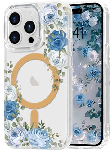 Ethanger Floral Magnetic Case for iPhone 14 Pro Max, Blue | Compatible with Magsafe, Aesthetic Artistic Retro Flower Cover, for Women Girls, Shockproof Protective Phone Case