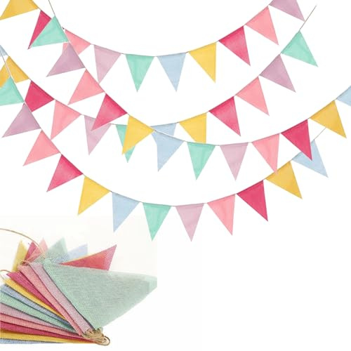Alainzeo Pennant Banner Flags Pastel, 48Pcs Colorful Triangle Bunting Flags for Party, Baby Shower, Wedding, Birthday Decor – Party Decoration, Reusable Fabric Flags(4 Strings)