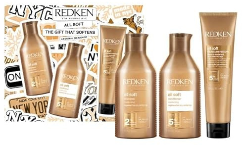 Redken All Soft Weihnachtsset, Geschenksert mit All Soft Shampoo, Conditioner & Leave-In für trockenes Haar, Zur intensiven Versorgung der Haare mit Feuchtigkeit, Verleiht Geschmeidigkeit und Glanz