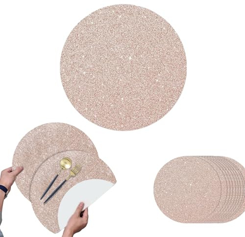 Flomiara 10 Pieces Disposable Glitter Rose Gold Paper Placemats - Round 13.4 Inch Decorative Table Mats for Dining Table, Wedding, Christmas, Birthday & Anniversary Celebrations
