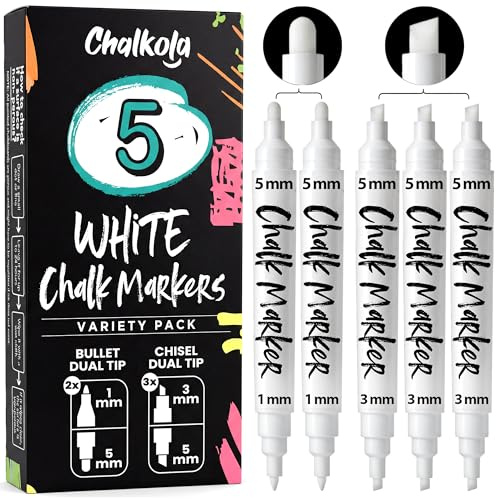 Chalkola 5 White Dual Tip Chalk Pens - Bullet & Chisel (1mm, 3mm, 5mm) | Erasable Liquid Chalk Markers for Blackboard, Chalkboard Signs, Car Window, Bistro, Glass - Washable Chalkboard Markers