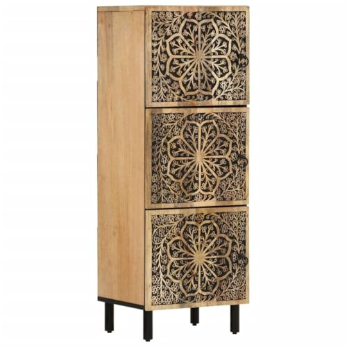 QJBSAVVA Massiv-Mango Highboard 40x33x110 cm, handgeschnitztes Retro-Beistellschrank mit Eisenbeinen, Wohnzimmer Sideboard für Flur, Küche, Büro