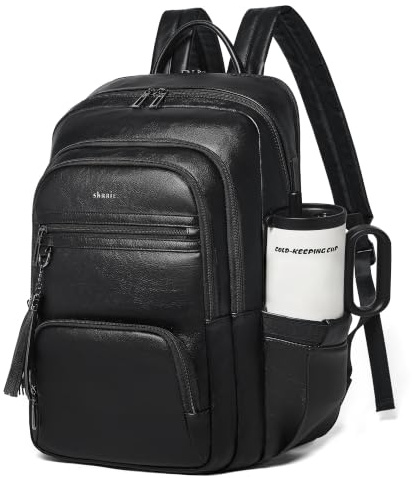 Shrrie 17 pouces Sac à dos pour ordinateur portable pour femmes,Sac à dos en cuir végan, 28 L Sac à dos travail voyages pour ordinateur portable avec poche intérieure pour grande tasse et chargeur USB
