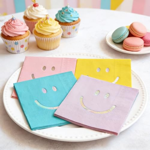 Ovanda 20 Stück Smiley Servietten Geburtstags, Happy Birthday Servietten für Geburtstag Valentinstag Hochzeit Flitterwochen Taschentücher gedruckt Tischdekorationen, Gender Reveal Serviettens