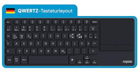 Rapoo E2810M Aluminium - Kabellose TV Tastatur mit Touchpad, Bluetooth & 2.4G USB Wireless, Multi Device bis 4 Geräte, PC, Mac, Tablet, SmartTV, mini Funktastatur klein flach, QWERTZ Layout Deutsch
