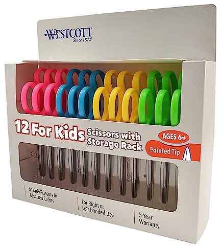 Westcott Right & Left-Handed Scissors For Kids - Back to School Essentials, Classroom Must Haves, Art Supplies - 5-Inch Pointed Safety Scissors - Assorted Colors - 12 Pack (ACM13141)
