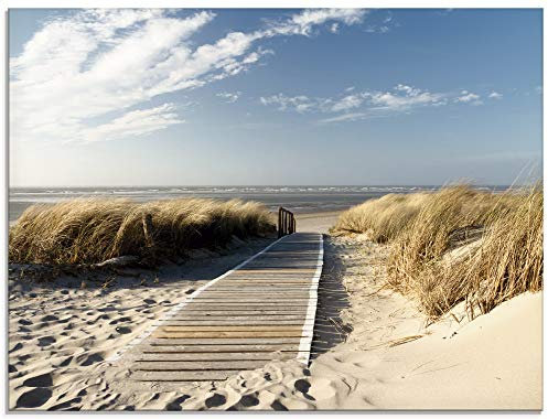 ARTland Wanddeko Glasbilder Wandbild Glas Bild einteilig 80x60 cm Querformat Strand Meer Küste Nordsee Natur Landschaft Dünen Gräser Steg Maritim T5RM