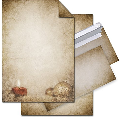 Logbuch-Verlag Weihnachtspapier Set 12 Blatt Weihnachtsbriefpapier alt vintage DIN A4 + 10 Kuverts - Kerze Weihnachtskugeln Weihnachtsmotiv