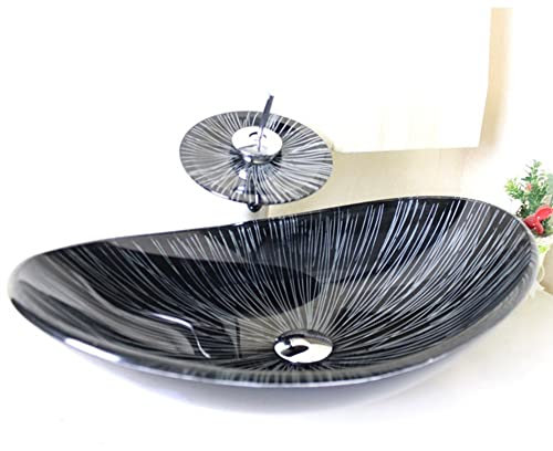 chicstyleme Badezimmer-Waschtisch- und Wasserhahn-Set Glas L28 x W16,5 x H16 cm Oval Waschschale Modern Waschtischarmatur Waschbecken Set Gehärtetes Glas