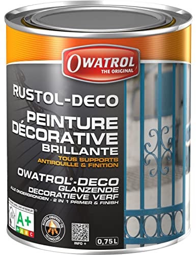 OWATROL - RUSTOL DECO - Peinture décorative de Finition Antirouille - Tous Supports - Noir Profond - RAL 9005-0,75L