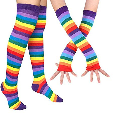 ECOSCO Womens Rainbow Stripe Knee Thigh High Socks Arm Warmer Fingerless Gloves (1 pairs Socks&1 pairs Gloves-Rainbow)