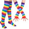ECOSCO Womens Rainbow Stripe Knee Thigh High Socks Arm Warmer Fingerless Gloves (1 pairs Socks&1 pairs Gloves-Rainbow)