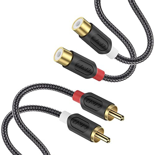 J&D Cinch RCA Câble de Rallonge Câble, RCA Cable Plaqué Or Série Audiowave 2 RCA Mâle à 2 RCA Femelle Câble Audio Stéréo avec Tresse en Nylon et PVC Décortiqué, 1.8 Meter