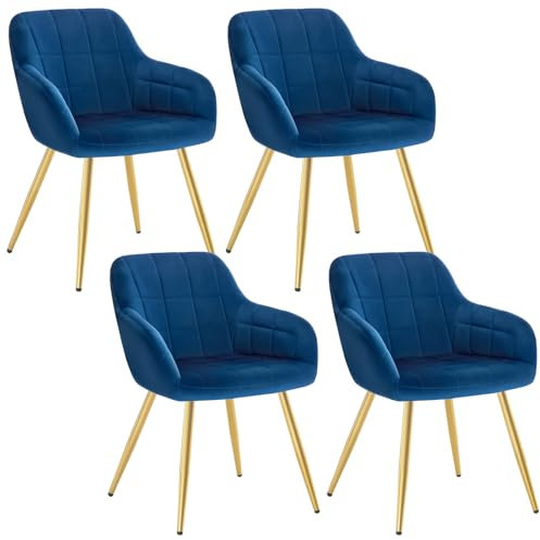 WOLTU Esszimmerstühle 4er Set Esszimmerstuhl Küchenstuhl Polsterstuhl Design Stuhl mit Armlehnen, mit Sitzfläche aus Samt, Gestell aus Metall, modern, Gold Beine, Blau, BH232bl-4