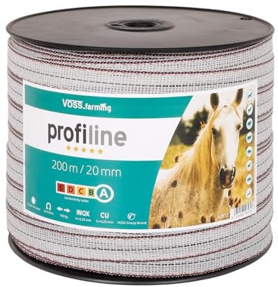 VOSS.farming Weidezaunband, Profiline, 200m 20mm, Kupfer und NIRO Leiter, Weiß Schwarz, Elektrozaun Band, Pferdezaun