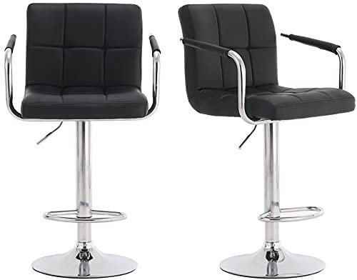 Millhouse Pair of Cuban Bar Stools with Arms & Backrest, Adjustable Swivel Gas Lift, Chrome Footrest for Breakfast Bar & Kitchen, DM717 (Black)
