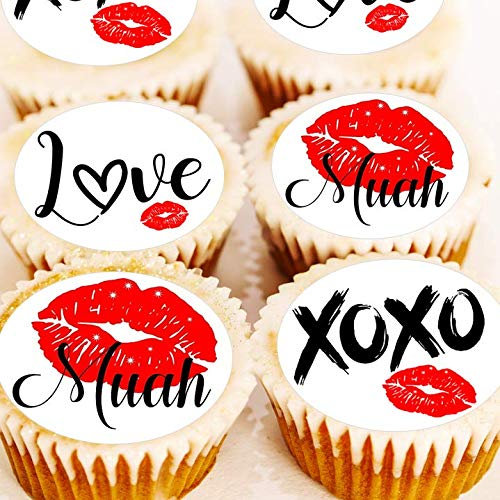 Valentine's Day Red Lips Kiss Cupcake Toppers - 4cm x 24 - Edible Icing or Wafer - Valentines Cake Decorations - XO - Muah (Edible Icing)