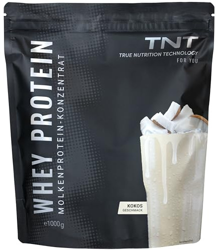 TNT Whey Protein Pulver - 1kg - Molkeprotein Konzentrat - Kokos | Eiweiß Shake mit EAAs & BCAAs - Mit Laktase - Für Muskelaufbau & -erhalt - Post-Workout-Shake - 22g Eiweiß pro Portion