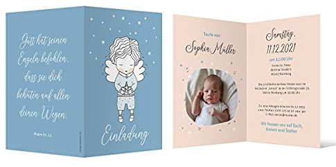 10 x Einladungskarten zur Taufe - Text und Foto einfach individuell selbst gestalten DIN A6 Klappkarte für Mädchen oder Jungen - Engel Junge