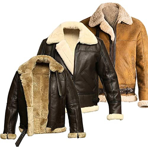 Blouson aviateur en peau de mouton véritable pour homme B3 WWII en laine épaisse à l'intérieur et à l'intérieur, Brown - B3 Veste pour homme, XXXL