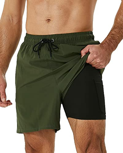 SILKWORLD Mens Swim Trunks with Liner Bathing Suit, Army Green, Large