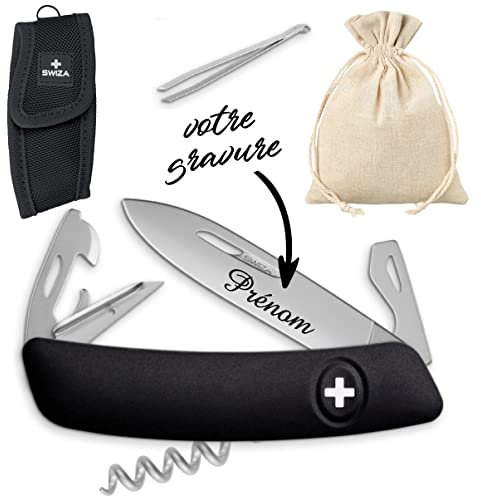 Véritable Couteau Suisse personnalisé - Gravé avec le prénom de votre choix - Cadeau Homme femme ou adolescent, Fête des pères, anniversaire Noël (Noir)
