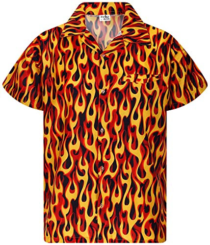 King Kameha Funky Hawaiian Shirt, Men, Shortsleeve, Flames Allover, Yellow Red, M
