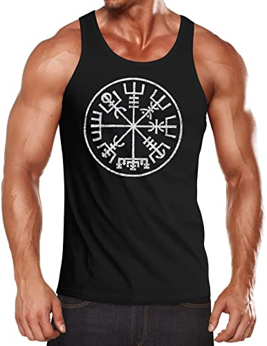 Neverless® Herren Tank-Top Vegvisir Runenkompass Wikinger Kompass nordische Mythologie Kelten Germanen Muskelshirt Muscle Shirt schwarz L
