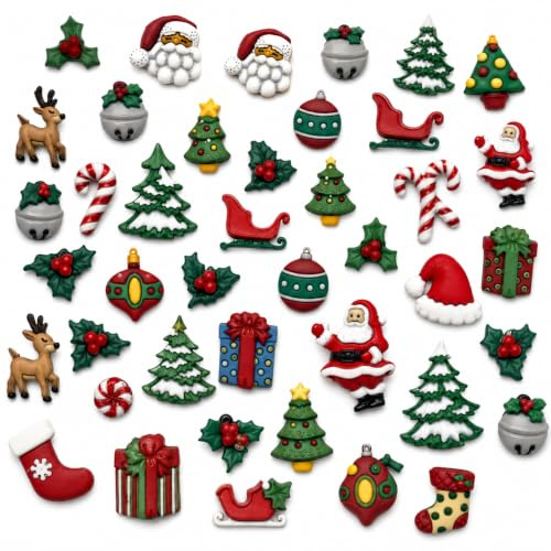 Buttons Galore Weihnachts-Knöpfe, Rot, 50 Stück | Weihnachts-Bastelknöpfe mit Weihnachtsmann, Weihnachtsbaumknöpfen & Ornamenten | Kleine Knöpfe zum Nähen & Basteln