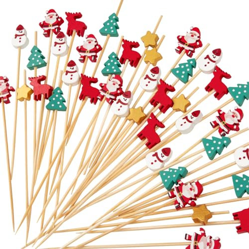 Selecciones de cóctel de Navidad de 4.8 pulgadas, 140 púas decorativas de cóctel de Papá Noel, muñeco de nieve de Papá Noel, sándwich cupcakes, palillos largos de bambú para suministros de fiesta
