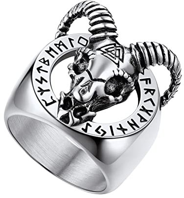 U7 Edelstahl Schädel Ziegenkopf Ring Wikinger Silberring Herren Biker Statement Ring Viking Rune Loon Großer Fingerring Modeschmuck Accessoire für Männer Jungen(Ring Größe 72)