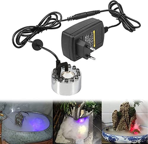 Hangrow Brumizador ultrasónico con 12 luces LED coloridas, 24V Fuente de agua Estanque Niebla máquina, Ultrasonidos Mist Maker Fogger para Tanque de Peces de Rocalla (con adaptador)