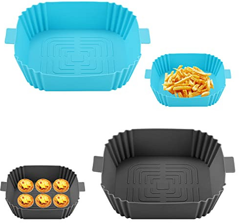 2 Piece Square Air Fryer Liners, 7.8 Air Fryer Silicone Basket, Reusable, Baking Mold, Replacement Baking Pan, for Air Fryer, Oven, Microwave (Blue, Grey)