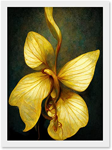 Doppelganger33 LTD Single Detailed Golden Yellow Orchid Flower Artwork Framed Wall Art Print A4