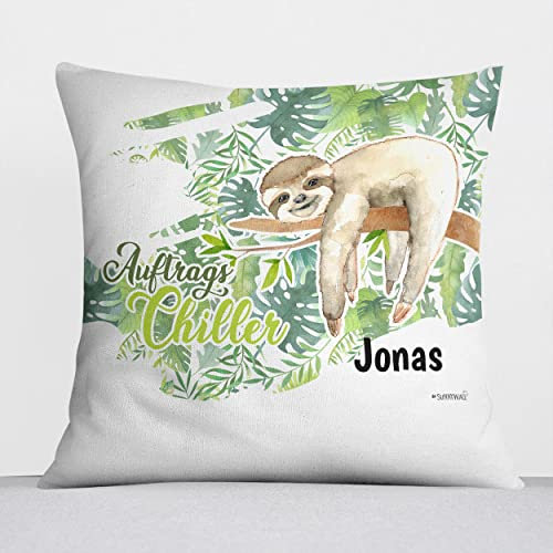 Sunnywall® Kissen mit niedlichen Motiv für Kinderzimmer Babyzimmer Kuschelkissen Tiermotive individuell personalisiert 40 x 40 cm (40 x 40 cm, Faultier (Auftragschiller))