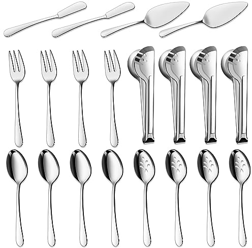 BEWOS 20 Serving Utensils, Serving Spoons, Slotted Spoons, Serving Tongs & Forks, Cake Server, Butter Knife, Stainless Steel, Dishwasher Safe