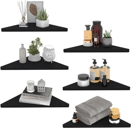 HORLIMER Black Floating Corner Shelves Set of 6, Rustic Wood Corner Wall Shelf for Bathroom Kitchen Bedroom Living Room Office Nursery (Black)