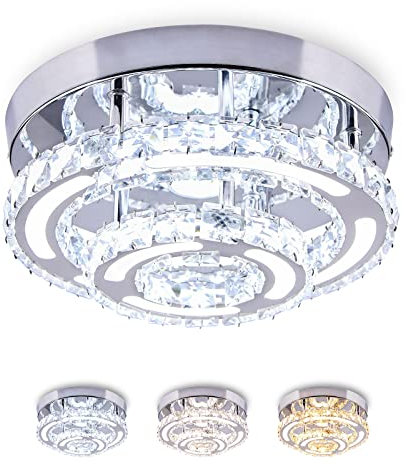 CXGLEAMING Modern LED Crystal Chandelier Ceiling Light Fittings Small Round Chandelier Flush Fitting Ceiling Light for Living Room Bedroom Dinning Room Hallway Kitchen,3 Color Changable