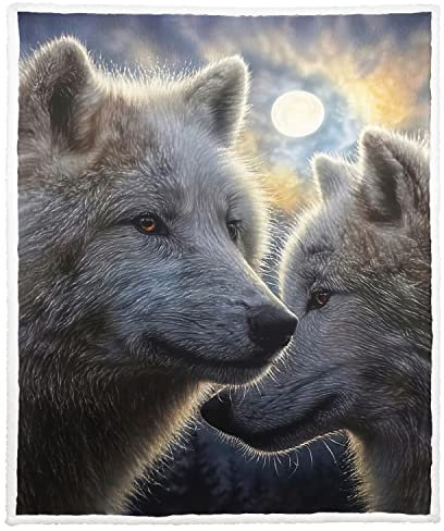 Zomer Sherpa Decke 125 x 150 cm Kuscheldecke Flauschige Wohndecken Mikrofaser Superweiche warme für Winter Fleece Couchdecke/Sofadecke TV-Decke mit Mondlicht und Wolf Motiv