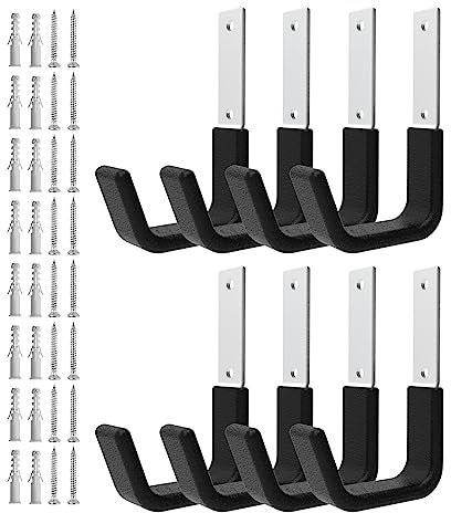Juformin Heavy Duty Utility Hooks for Garage Storage, Wall Mount, 8 Pcs, Silver and Black, Steel Pvc, 50 Lbs Capacity, L-shape, Minimalist Style, Wall Mounted, 8 Count