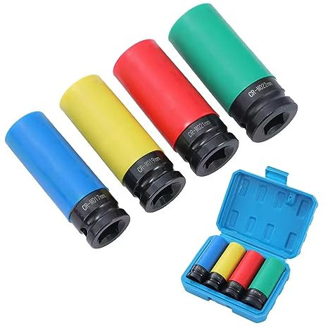 TOPWAY 1/2 Inch Drive Wheel Protector Impact Deep Socket Set 17mm 19mm 21mm 22mm 4PCs Thin Wall Multicolour Metric Lug Nut Sockets, Chrome Vanadium Steel, Auto Repairing Garage Tool