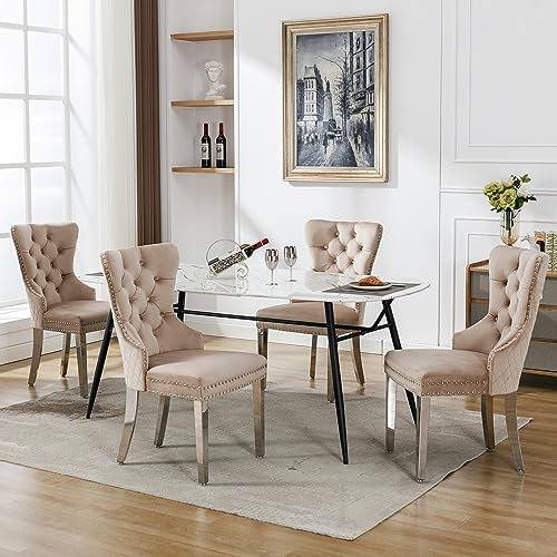 Merax Esszimmerstuhl 4er Set, Moderne Polsterstuhl mit hoher Rückenlehne und Nagelkopfbesatz, bequemer Wohnzimmerstuhl aus Samt, Stützbeine aus Metall, für Arbeitszimmer, Küche, Schlafzimmer, Beige
