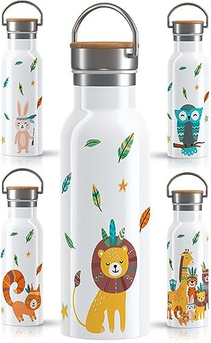 OWLBOOK Boho Löwe Trinkflasche aus Edelstahl für Kinder mit Zoo Dschungel Waldtiere - 600 ml Kindertrinkflasche mit Bambusdeckel - Auslaufsicher BPA-frei - für warme und kalte Getränke