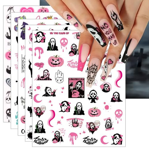 Pink Halloween Nail Stickers, 10 Sheets Self-Adhesive Nail Decal Ghost Skull Witch Nail Art Decoration Design Supplies