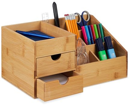 Relaxdays Schreibtisch Organizer, 2 Schubladen, 7 Fächer, HxBxT: 15,5 x 33 x 20,5 cm, Utensilienbox, Bambus, Natur
