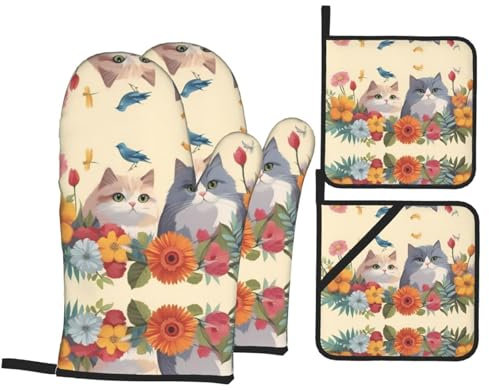 YYHWHJDE Lot de 4 maniques et maniques avec motifs de chats, oiseaux et fleurs : épais et durables, isolants thermiques
